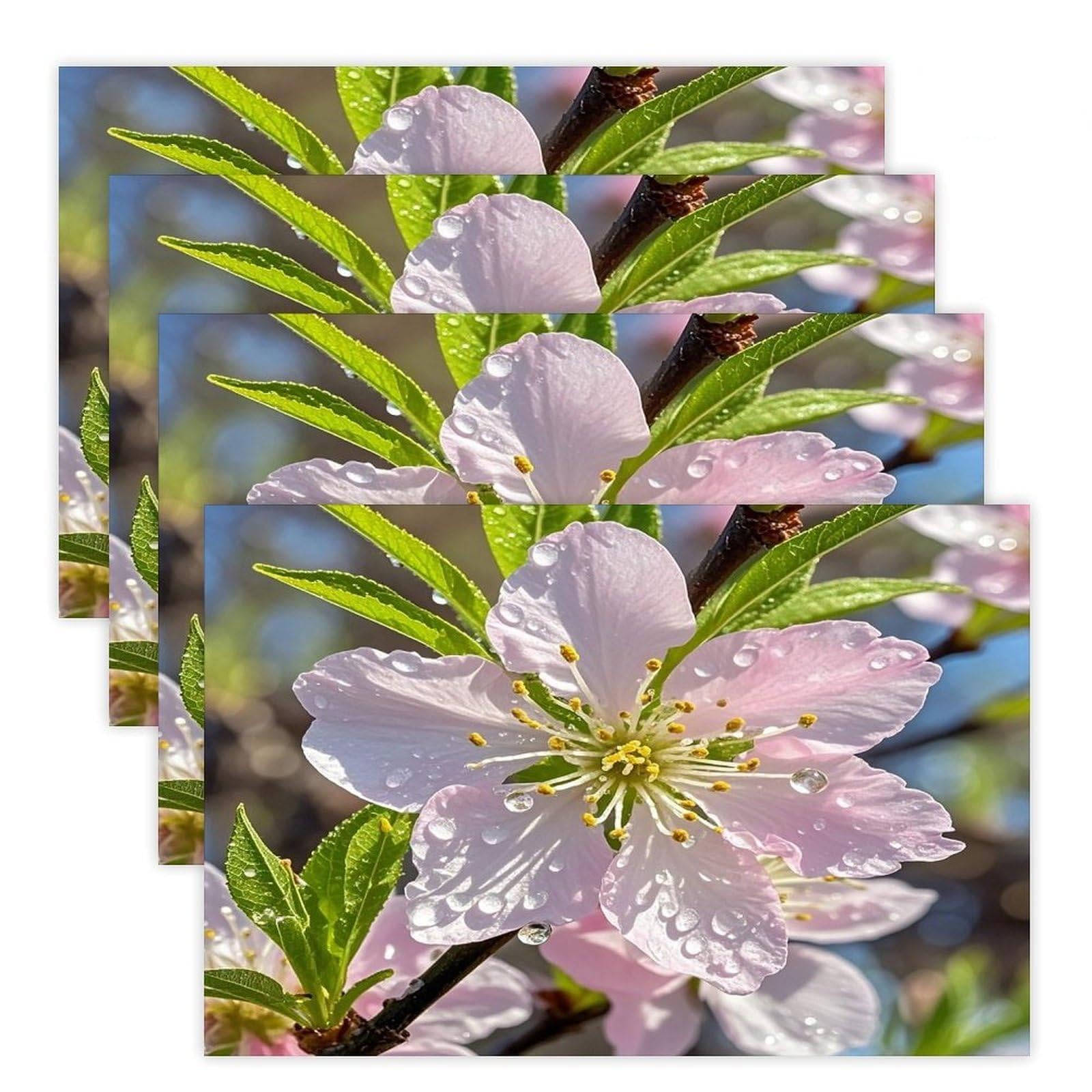 Peach Cherry Blossom Placemats Flax Place Mats for Dining Table Rectangle Non-Slip Table Mats Heat Resistant Washable Placemat for Kitchen Home Decor Party Outdoor 12" X 18"
