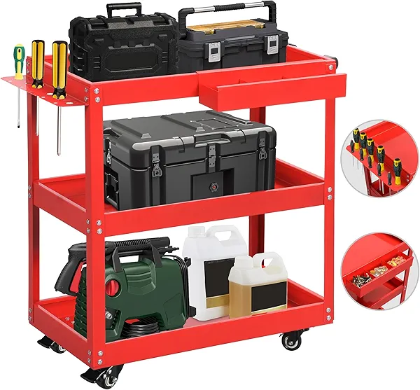 YITAHOME 3-Tier Tool Cart on Wheels, Rolling Metal Service Cart with Screwdriver Hanging Board & Storage Box, Heavy Duty Steel Utility Cart 400lbs Load Capacity for Mechanic Work Garage Warehouse Red