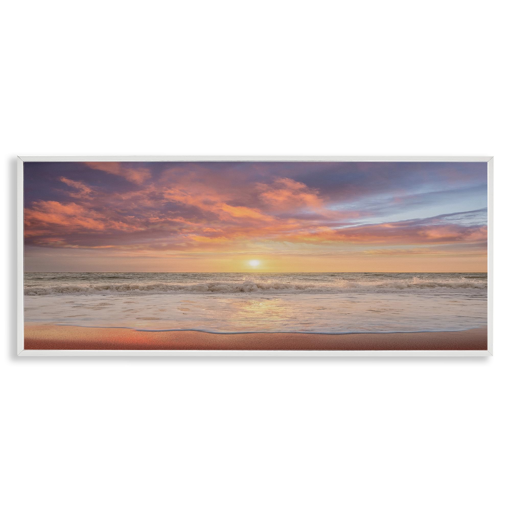 Stupell Industries Coastal White (Textured) Sunset Ocean Horizon Coastal Panorama, 13 X 30 Inch Framed Giclée Print