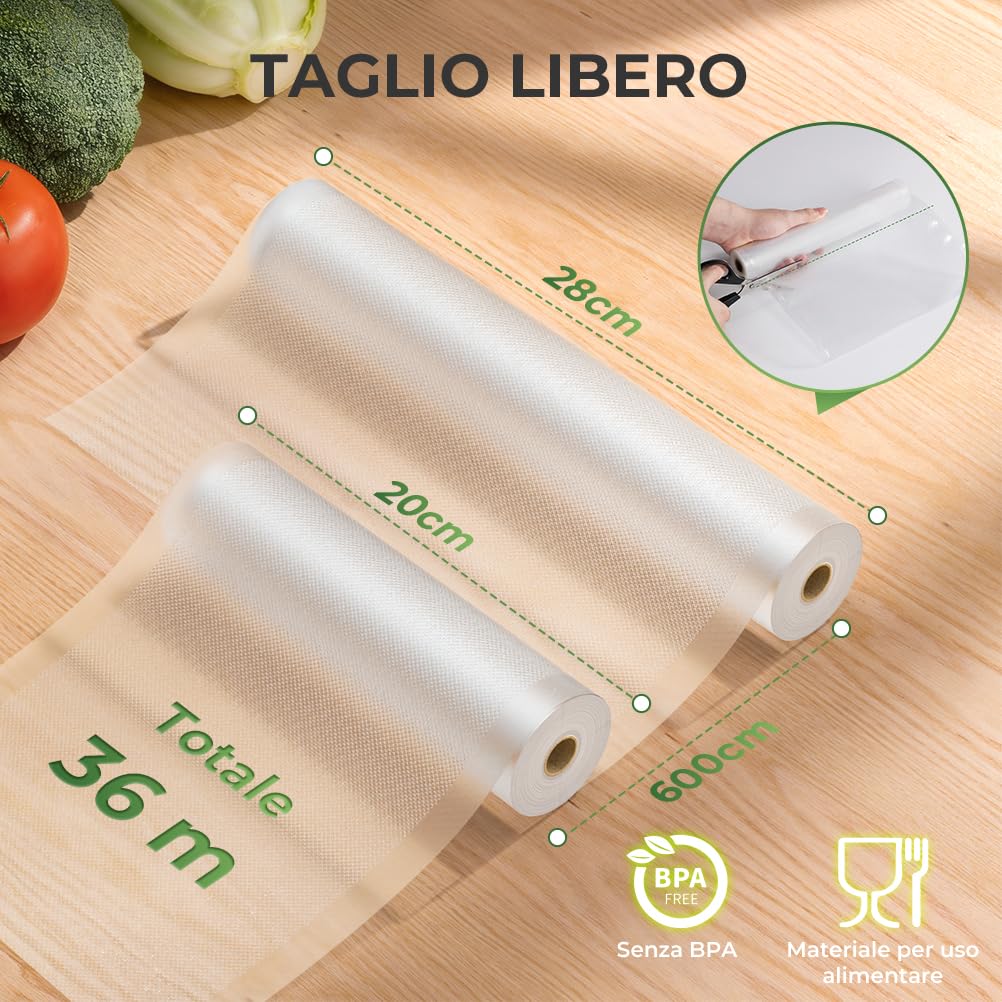 Sacchetti Sottovuoto Alimenti 6 Rotoli 20/28x600cm, Goffrato Sacchetti Sottovuoto per Macchina Sottovuoto e Cottura Sous Vide, Senza BPA