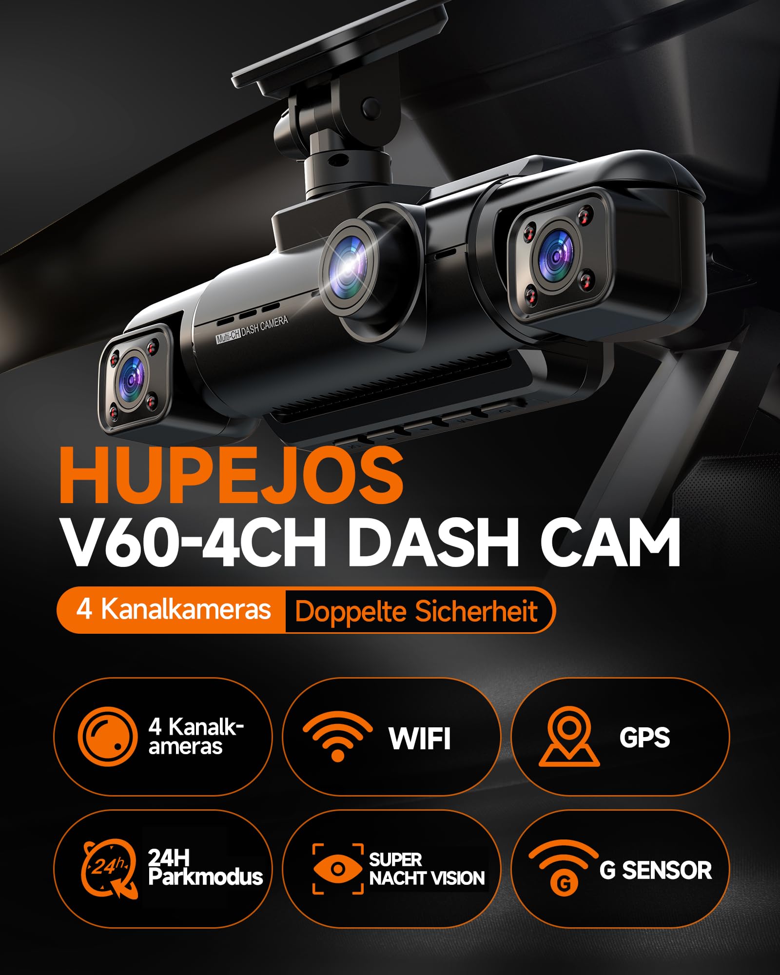 HUPEJOS 360° Dashcam Auto Vorne Hinten 4 Kanal Dash Cam Auto Kamera FHD 1080Px4,4×150° Weitwinkel,WDR-Nachtsicht (8 IR-LEDs), 3,18" IPS Display, G-Sensor,WiFi GPS,24/7 Parkmodus, 64GB SD-Karte