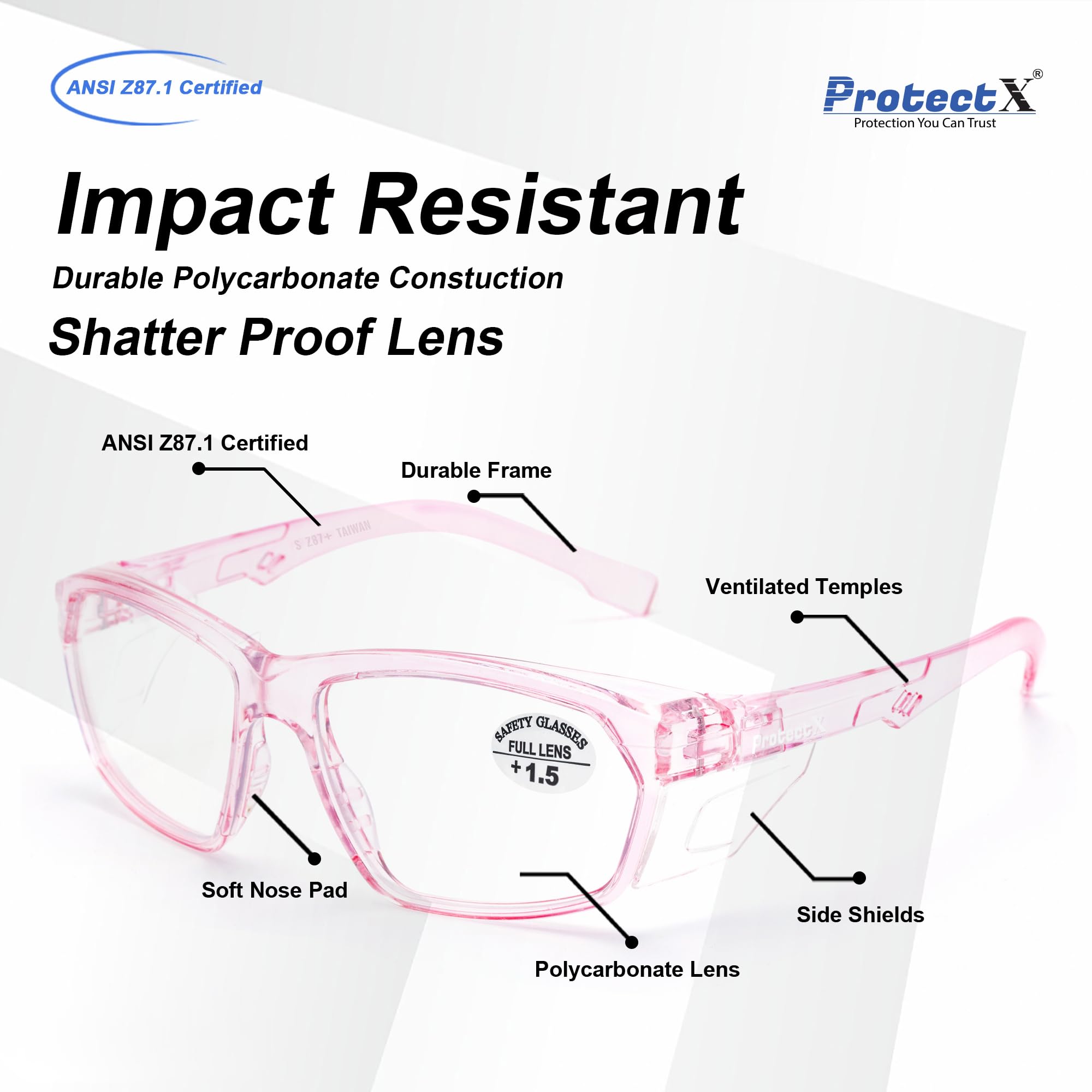 ProtectX Rosa Schutzbrille mit Lesegeräten, Anti-Beschlag-Schutzbrille mit Seitenschildern, ANSI Z87.1 Schutzbrille für Herren Damen Lesebrille 1,5 Dipoter
