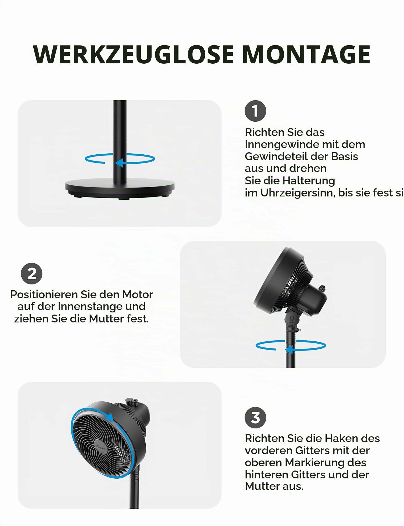 Midea Standventilator FG18-22LAPHSE(BL) 6 Turbo-Flügel, geräuscharmer DC-Motor, 15 Geschwindigkeiten und 4 Modi, Oszillation 30°-120°, Timer 24h, Höhe verstellbar 78-110