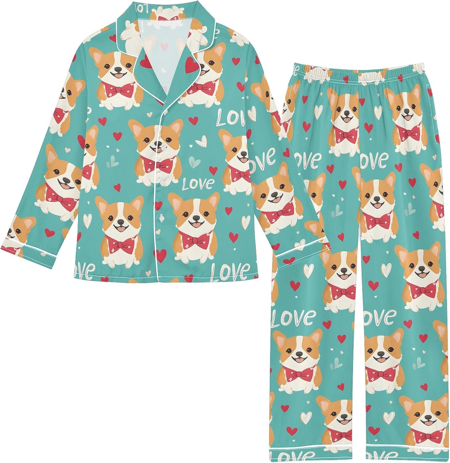Kids Casual Satin Wear Set Love Corgi Pattern Unisex Relaxed Fit Clothing