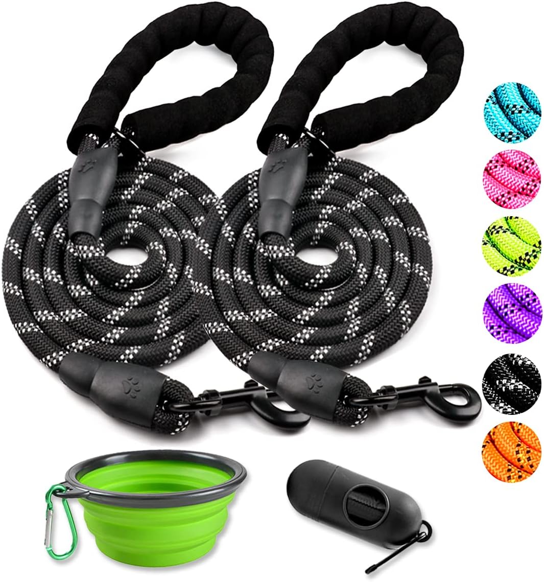 2 Pack Dog Leash 6 FT Heavy Duty - Comfortable Padded Handle - Reflective Dog Leash for Medium Large Dogs with Collapsible Pet Bowl