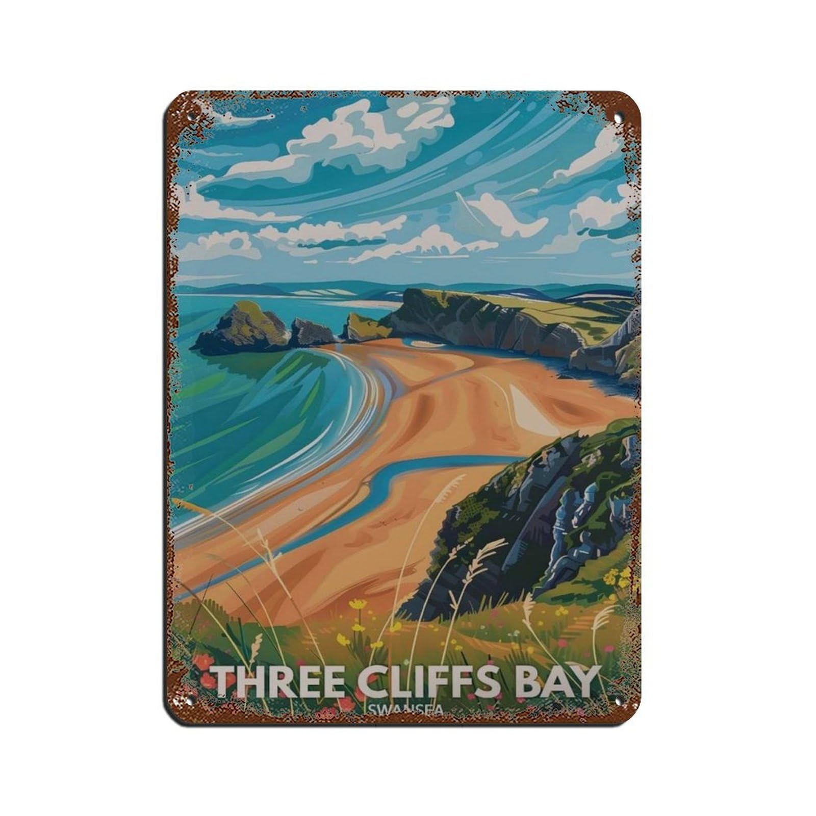 Lxwnze 30L X 40W Cm Three Cliffs Bay Poster, Swansea Travel Retro Poster Metal Tin Sign Chic Art Retro Iron Painting Bar People Cave Cafe Family Garage Poster Wall Decoration 12X16inch(30X40cm)