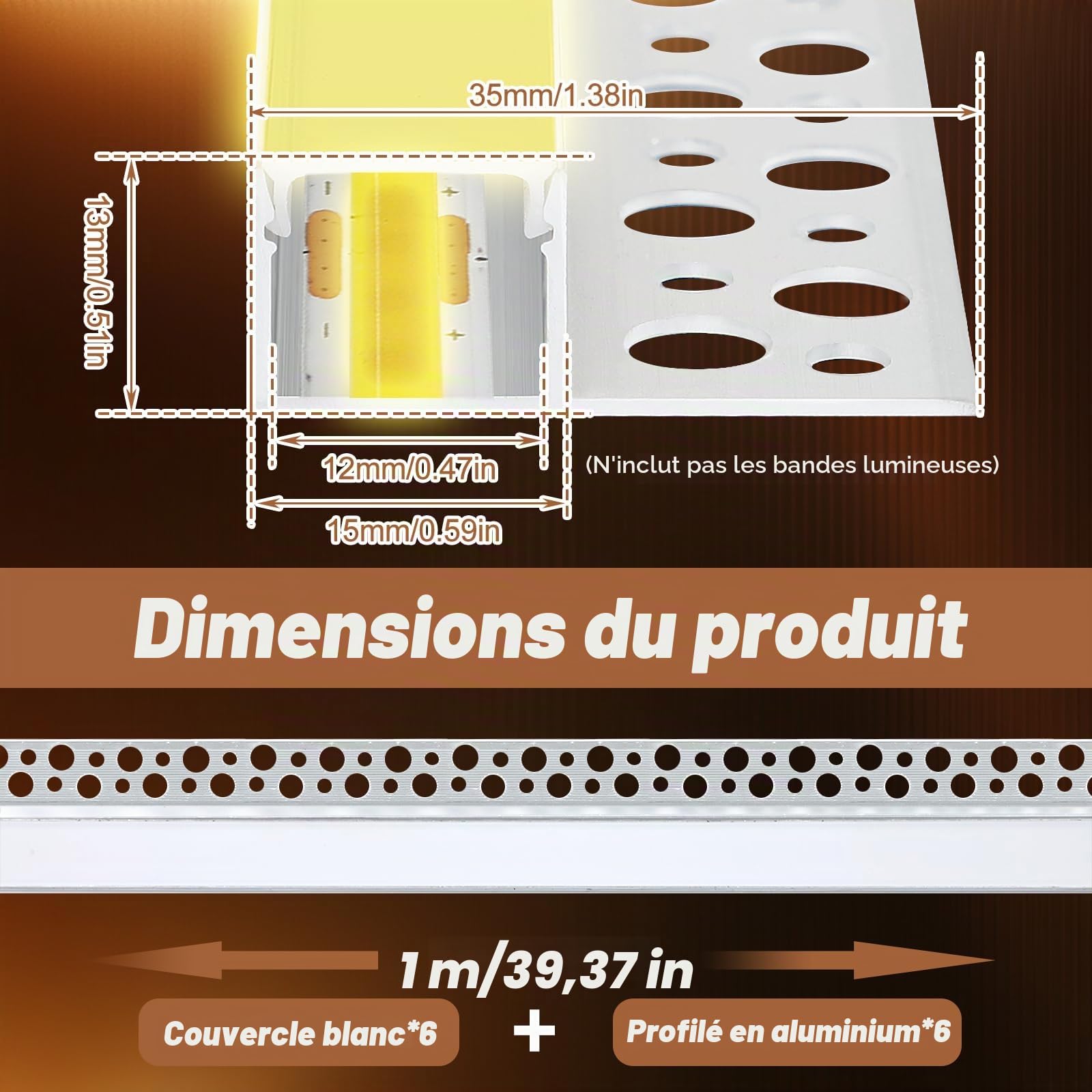 Profilé en aluminium pour panneaux de 1 m avec diffuseurs LED encastrés et couvercle blanc laiteux, 6 bandes de 1 m (B, pour bandes LED de 12 mm)