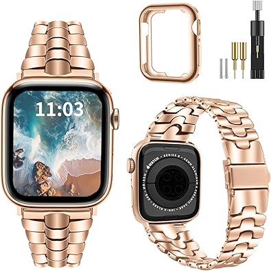 Thin Metal Band Compatible with Apple Watch Band 38mm 40mm 41mm 42mm 44mm 45mm 49mm, Dressy Stainless Steel Chain Strap, Slim Fancy iWatch Band with Case for Women Men