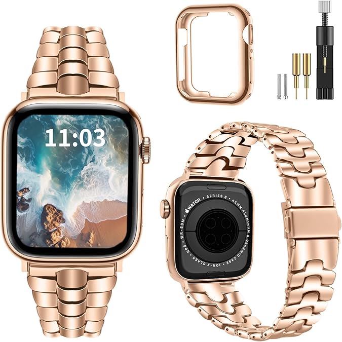 Thin Metal Band Compatible with Apple Watch Band 38mm 40mm 41mm 42mm 44mm 45mm 49mm, Dressy Stainless Steel Chain Strap, Slim Fancy iWatch Band with Case for Women Men