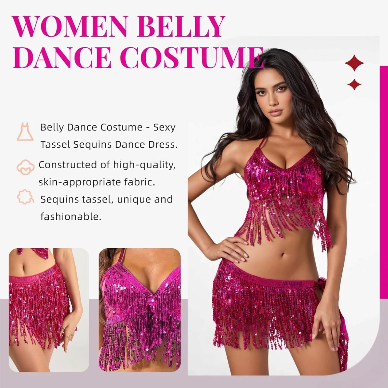 2Pcs Belly Dance Skirt with Sequin Fringe Bra Top Hip Scarf Set Rave Latin Dance Party Halloween Sequins Tassel Costumes