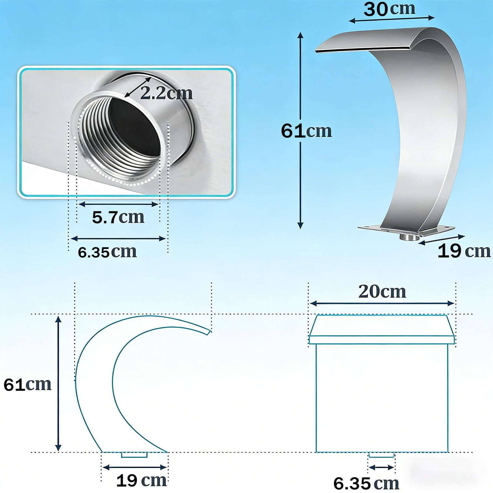 Fontana a cascata in acciaio inox con design ad arco per piscine all'aperto, stagni, sorgenti termali, piscine termali, 30 x 60 cm