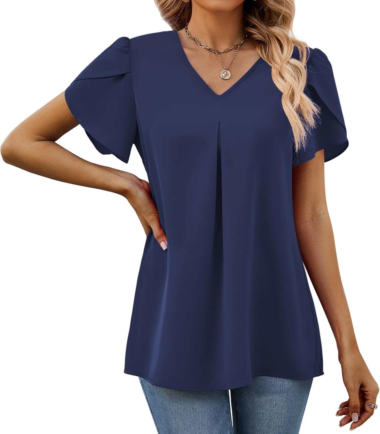 Funlingo Women's Summer Tops Short Sleeve Dressy Chiffon Blouses V Neck Work Tunic Tops Casual Loose T-Shirts - Image 2