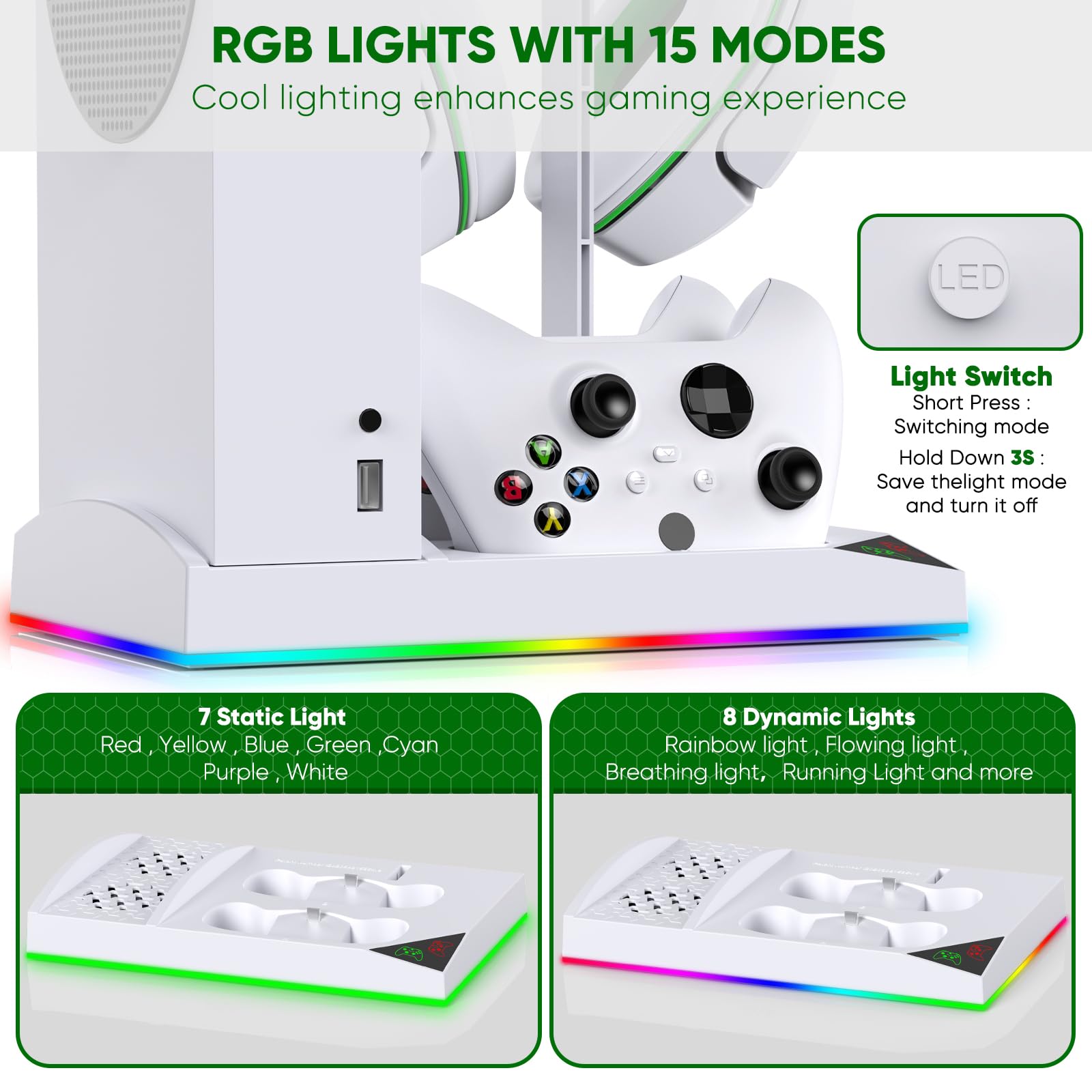 FYOUNG Upgrade RGB Kühllüfter Stand für Xbox Series S Konsole mit 15 Buntem Licht, Dual Controller Ladestation Kühler Base System für Xbox Series S Zubehör mit 2 * 1400mAh wiederaufladbare Batterie