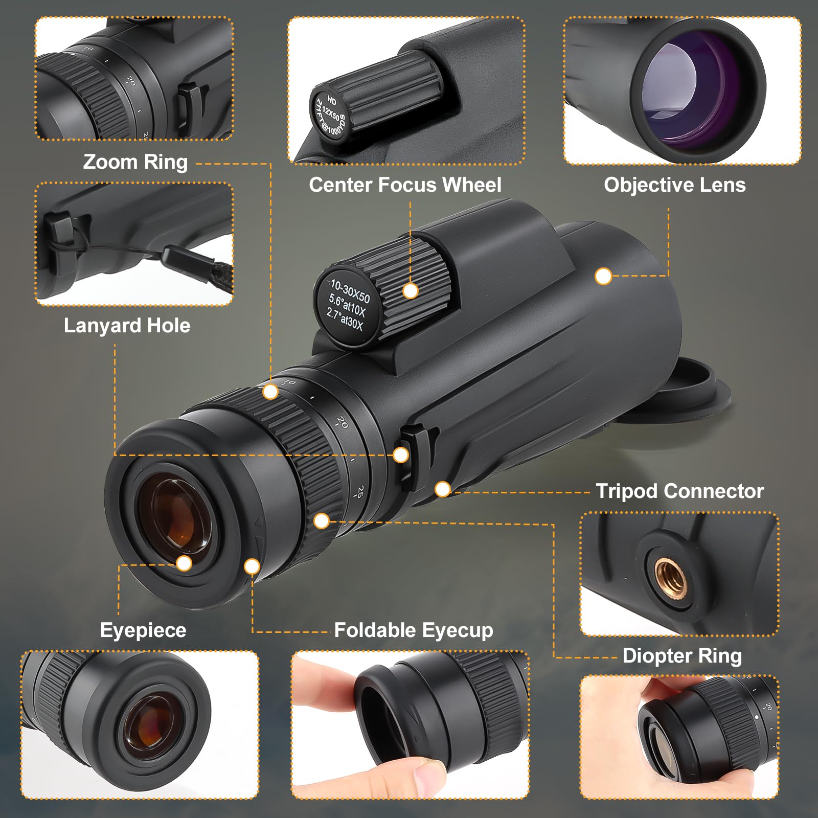 Monoculaire zoom 10-30 x 50 pour adultes avec adaptateur smartphone et trépied, télescope portable avec lentille FMC haute puissance et prisme BAK, monoculaire compact étanche pour
