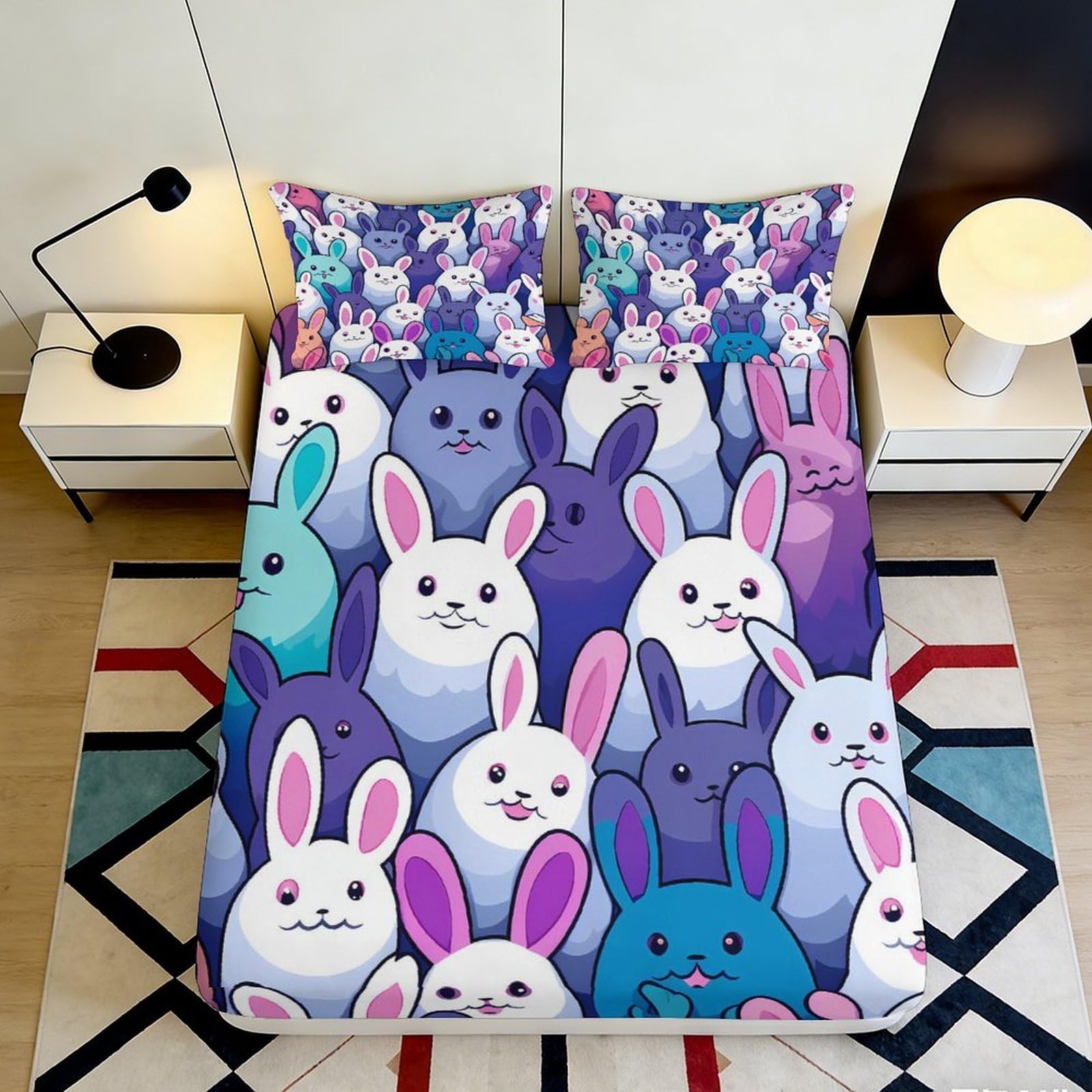 3D Printed Cute Bunny Fitted Sheet Microfiber Soft Multicolor Cartoon Rabbit Bed Cover for Bedroom Dorm Mattress Decor 90x200x25cm