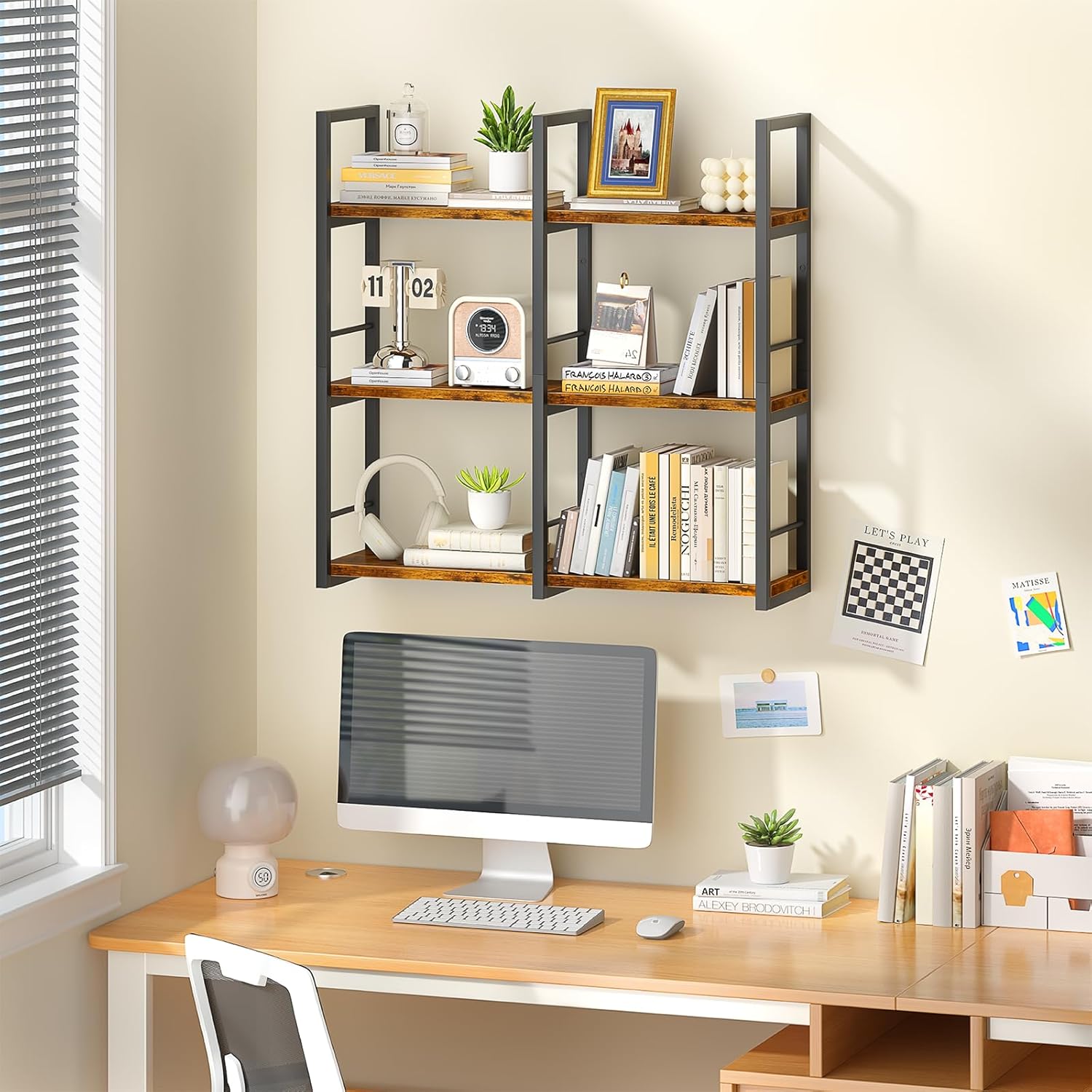 31.5 Inch Floating Shelves, 6 Tier Wood Shelves for Wall, Heavy Duty Wide Wall Mount Shelves for Living Room Bedroom Kitchen Classroom, Rustic Brown