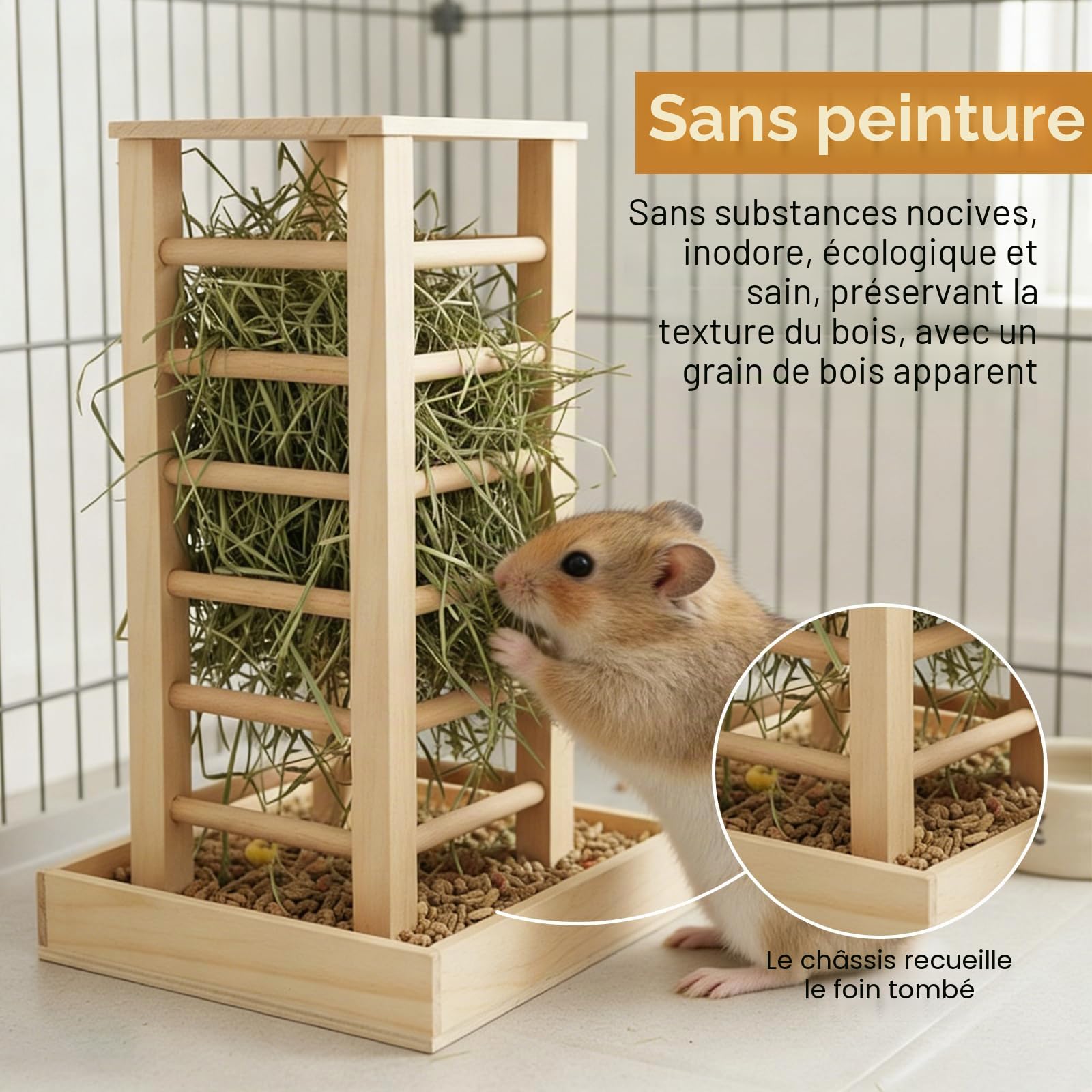 Râtelier A Foin en Bois, Mangeoire À Foin en Bois, 36,5x24,5x16,5 Cm Râtelier À Foin avec Bac, Mangeoire À Foin pour Lapin pour Chinchilla, Convient Aux Cobayes, Chinchillas, Hamsters, Lapins