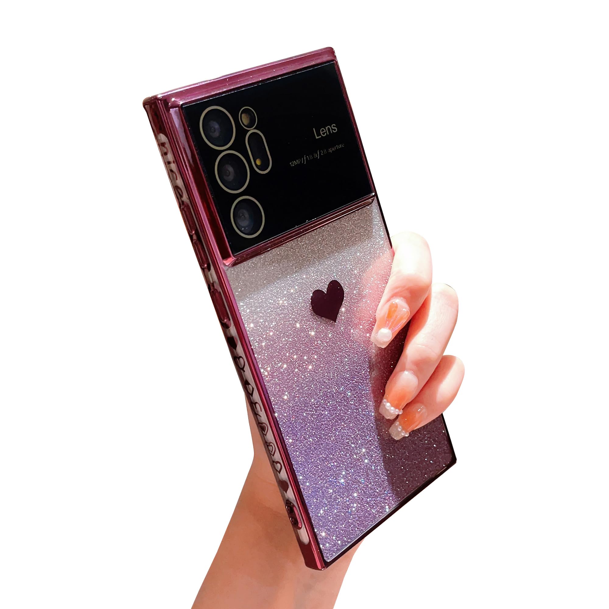 phyllaGradient Glitter Heart for Samsung Galaxy Note 20 Ultra 5g Phone Case [Full Camera Lens Protector],Luxury Plating Slim Clear Case with Side Pattern,Soft Shockproof Protective Bumper (Purple)