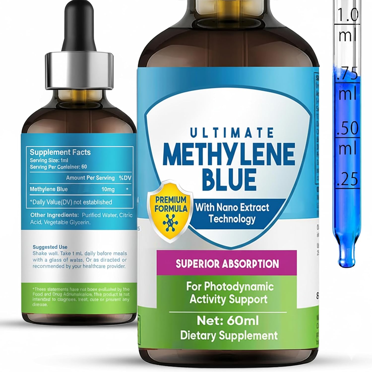 Methylene Blue Liquid Supplement, 2 Fl oz Methylene Blue Drops, Supports Cognitive Function, Focus, Increased Absorption, Liquid Formula with Dropper, Non-GMO & Gluten-Free