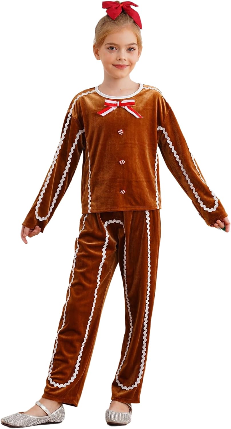 Boys Girls Gingerbread Man Christmas Velvet Long Sleeve Top Pants 2 Pcs Set