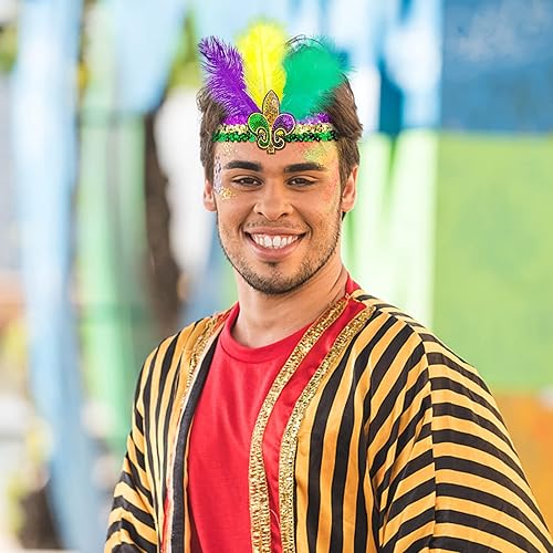 Miniatura 6 de Wittocs Paquete de 2 diademas de plumas de Mardi Gras con lentejuelas de flor de lis, morado, amarillo, verde, diadema de cóctel, ajustable,