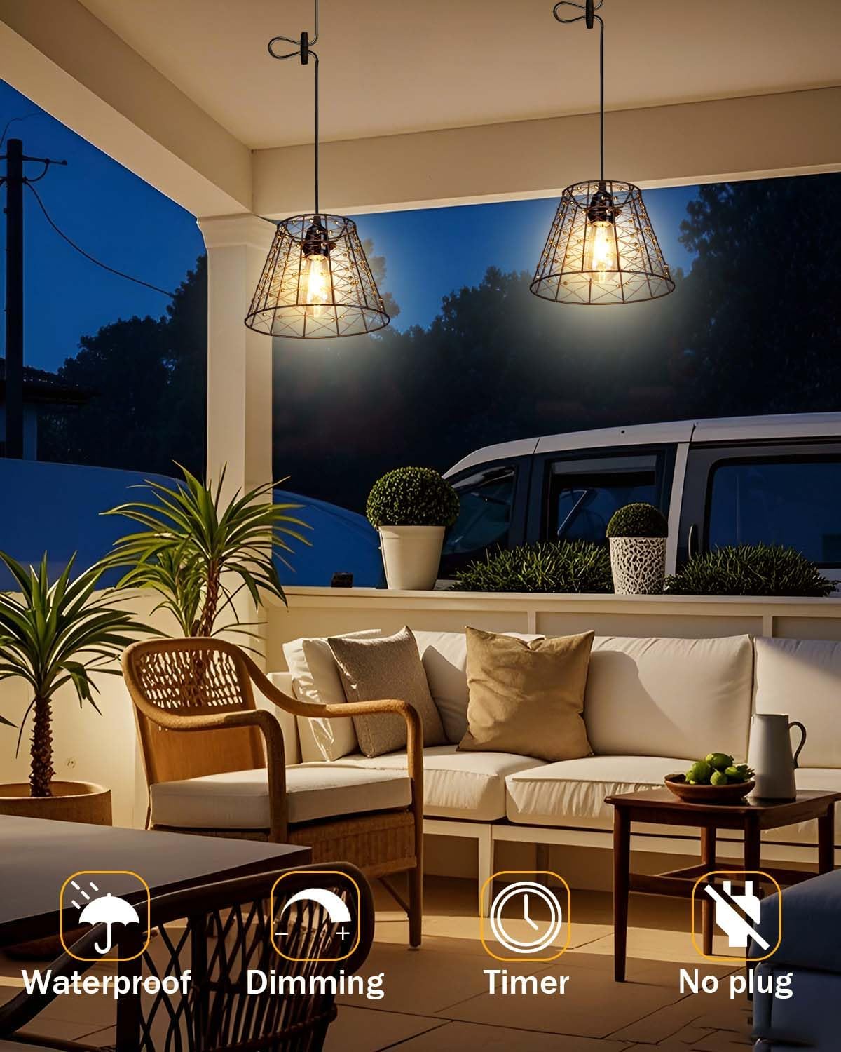 Battery Operated Chandelier with Remote, IP44 Waterproof Outdoor Pendant Light, No Wiring Needed Gazebo Lights for Porch, Patio, Balcony, Pergola, Shed, Home Decor (Beaded Copper Wire)