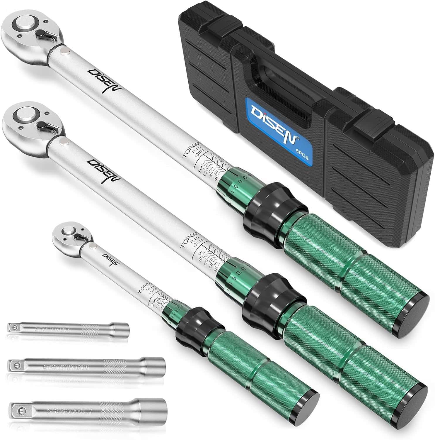 DISEN 6 PCS 1/4 3/8 1/2-inch Drive Click Torque Wrench Set 20-220In.lb, 15-90Ft.lb, 30-170Ft.lb with Extension Bar Kit, 3% Accuracy, 72-Tooth Dual Scale Torque Wrenches for Bike, Moto, Car Repair