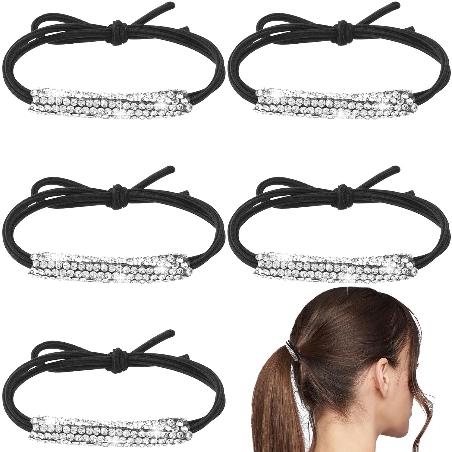 OIIKI 5pcs Sparkly Rhinestone Hair Ties for Women, Non-Slip Crystal Ponytail Holder Scrunchies, Fashion Decorative Bands Accessories for Thin Thick Long Straight Hair Braids- Black