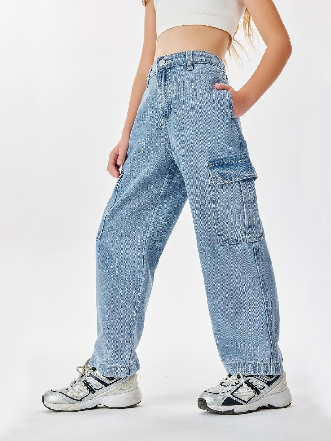 Haloumoning Girls Jeans Denim Elastic High Waisted Wide Leg Baggy Cargo Pants with Pockets 5-14 Years - Image 3