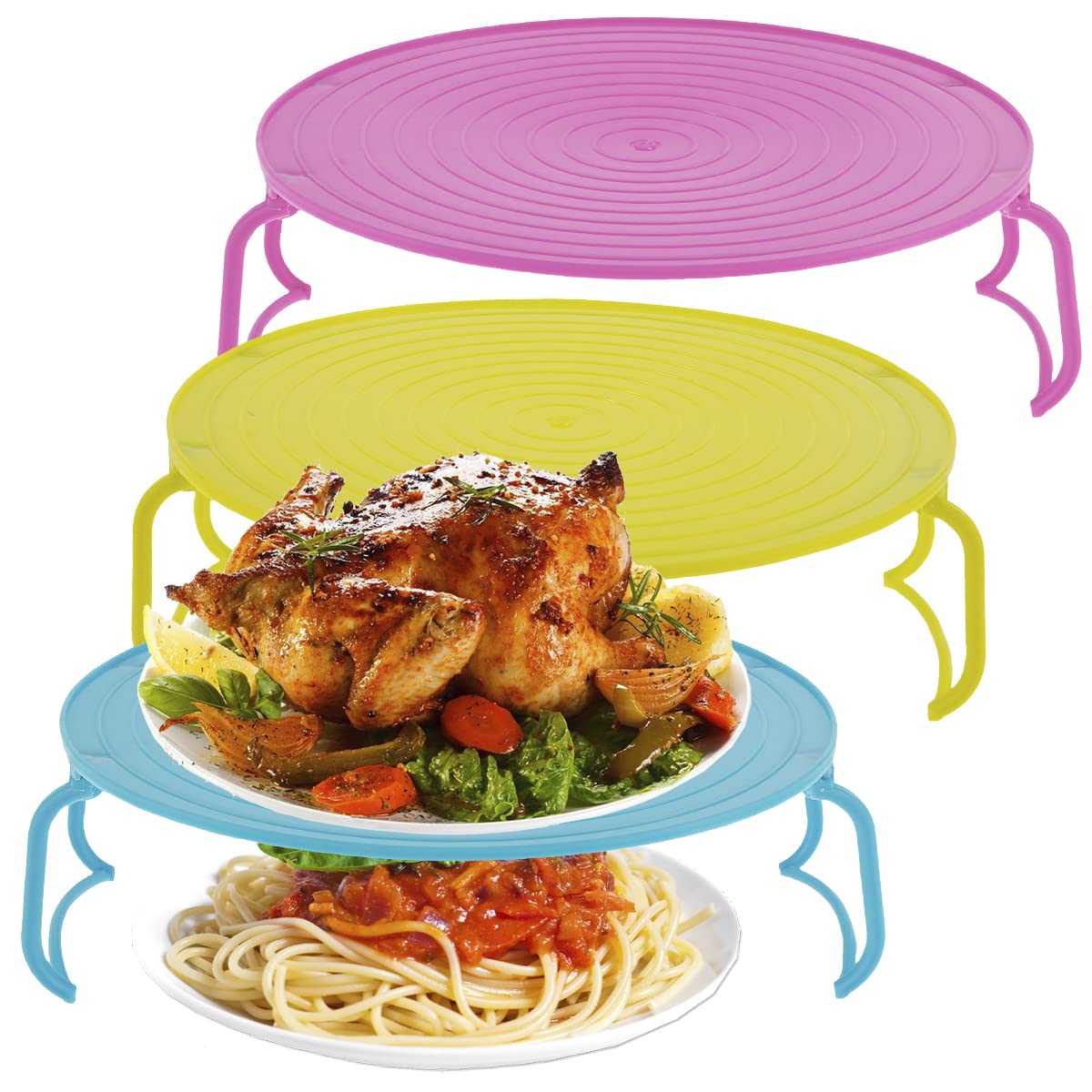 Yuekuntj Pink Blue And Green 3Pcs Microwave Plates Stackers 3-In-1 Multipurpose Oven Plate Oven Food Tray Shelf Steaming Tray Rack With Handle Heat & Eat Holder Plate Dish Stand For Bowls Plates Ovens Kitchen