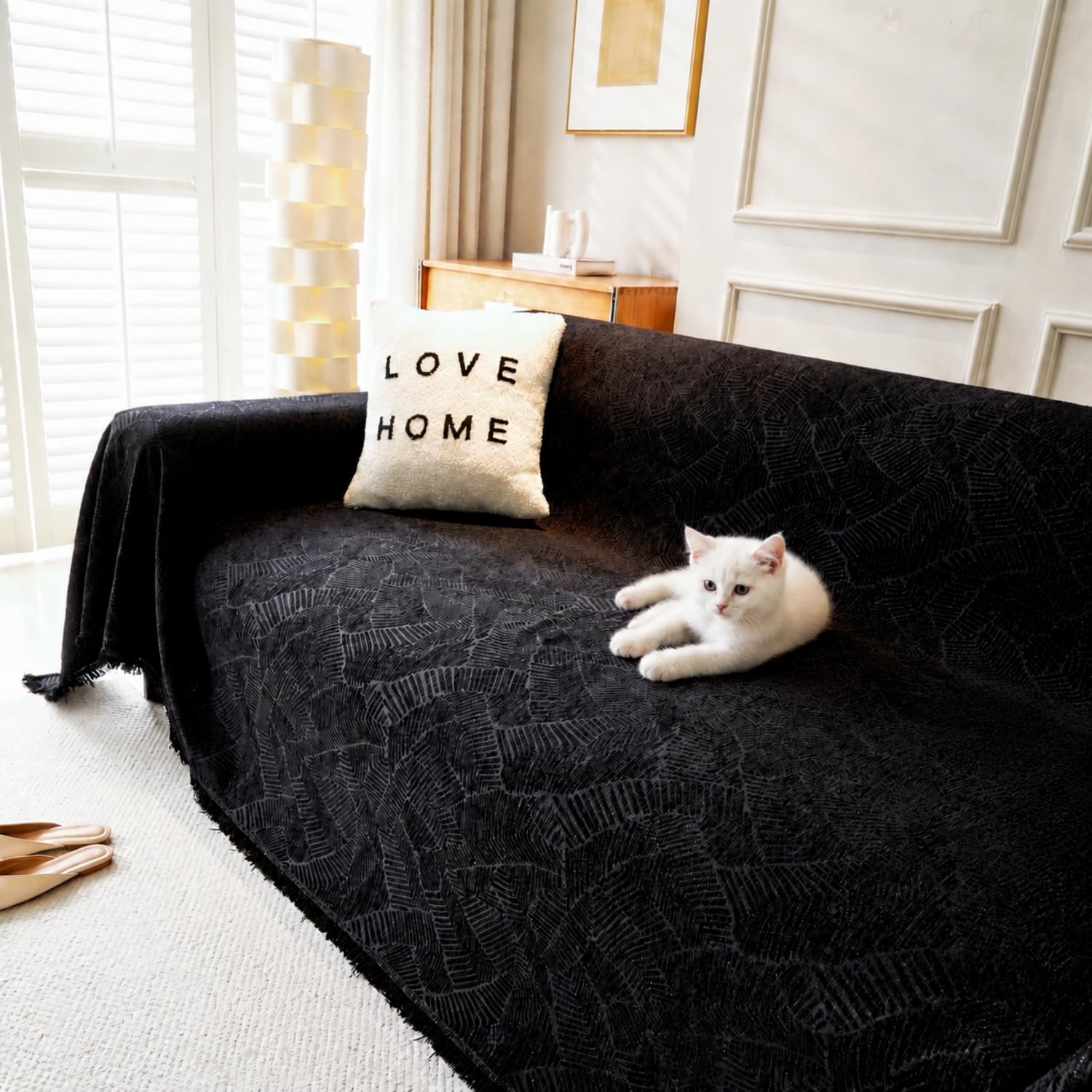VIWATIN Geometric Chenille Sofa Throw, Forest Black, 2-3 Seater, 180x300cm