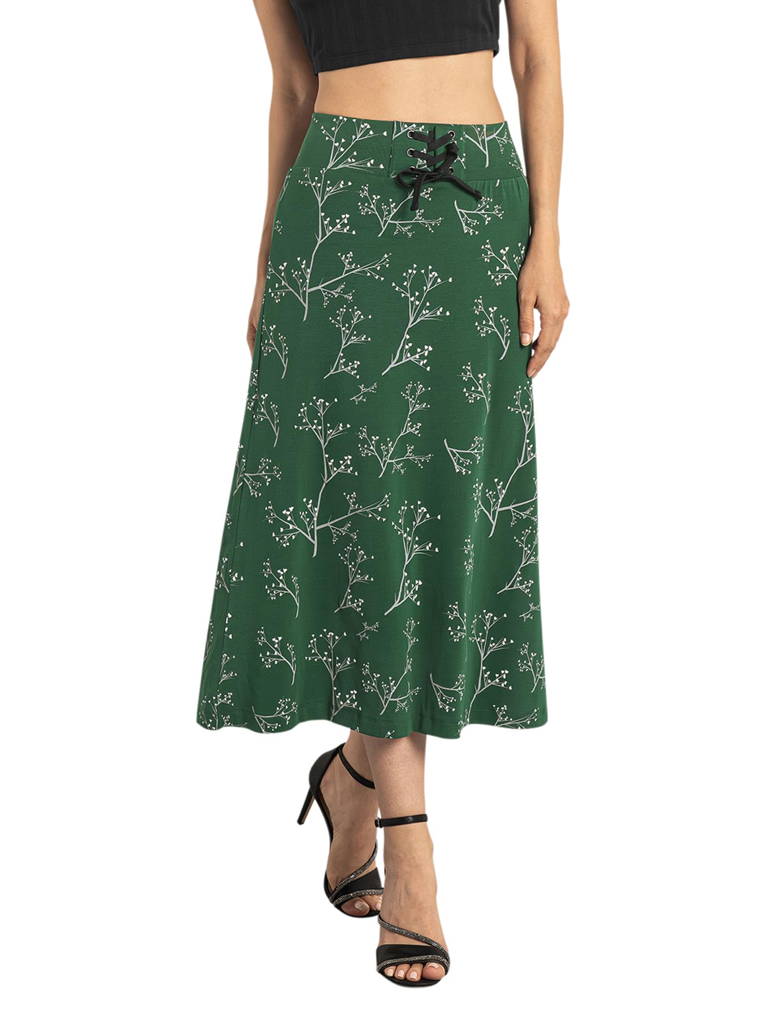 Enorsia Women's Green High Waist Lace Up A-Line Midi Skirt - Uk 8