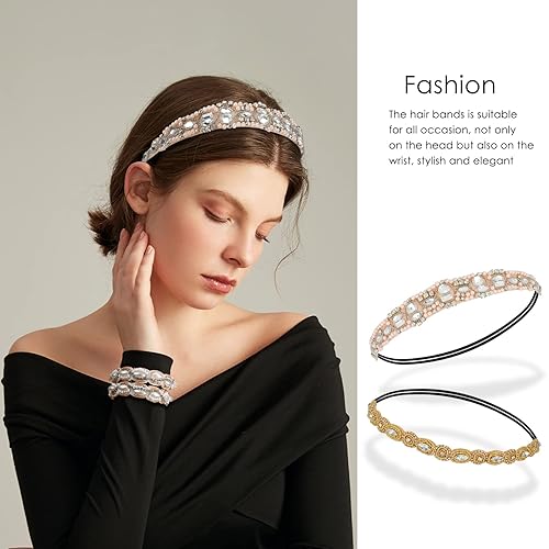 Miniatura 3 de AMCAMI 5 diademas de cuentas con perlas y diamantes de imitación para mujer, bandas para la cabeza con cuentas brillantes, diademas hippie para