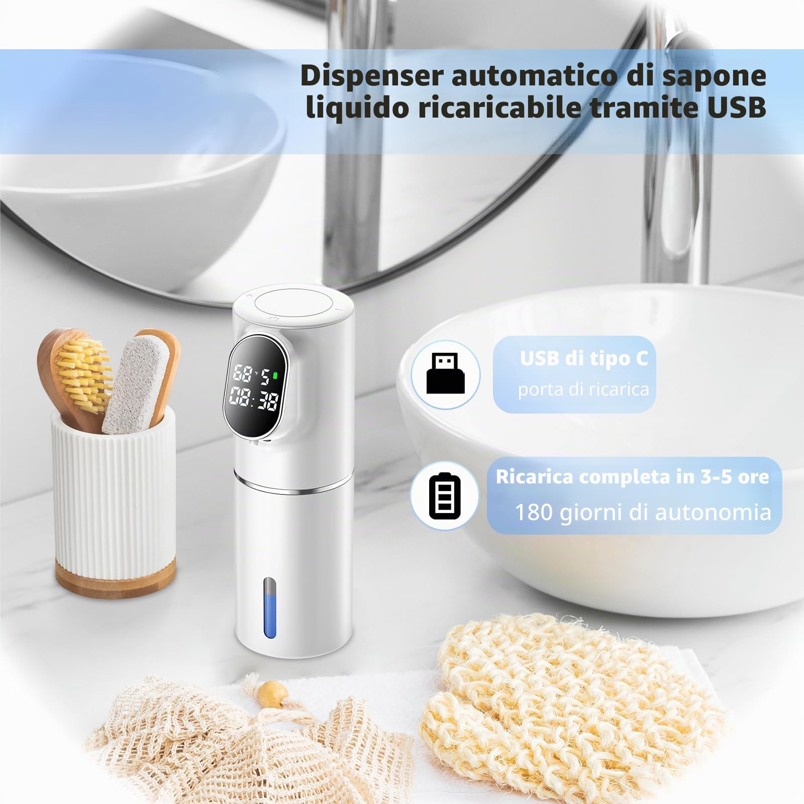 BigKing Dispenser di sapone automatico bianco elettrico senza contatto sensore a infrarossi 5 livelli di schiuma USB Type-C 3000mAh batteria IPX6 impermeabile design moderno cucina bagno idea regalo