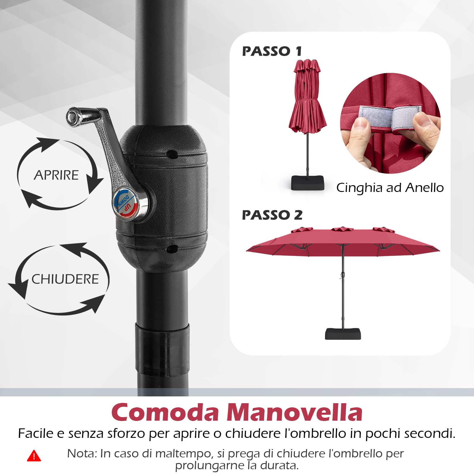 COSTWAY Ombrellone Doppio Rettangolare 443 x 263 cm con Sistema a Manovella, Base e 12 Costole, per Giardino e Cortile (Rosso)