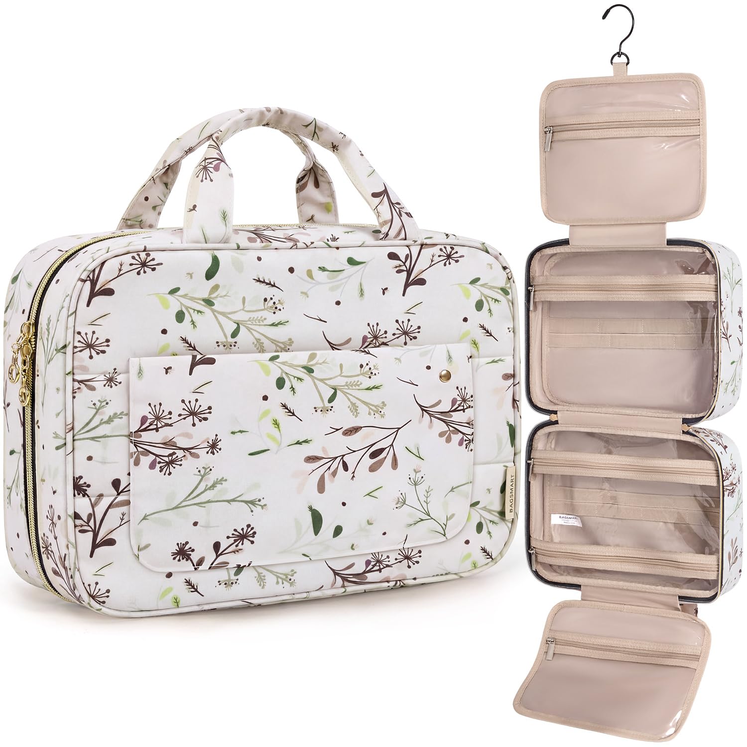 BAGSMART Toiletry Bag Travel Bag with Hanging Hook, Water-resistant Makeup Cosmetic Bag Travel Organizer for Accessories, Shampoo, Full-size Container, Toiletries (Beige Ditsy Floral, Large) : Beauty & Personal Care