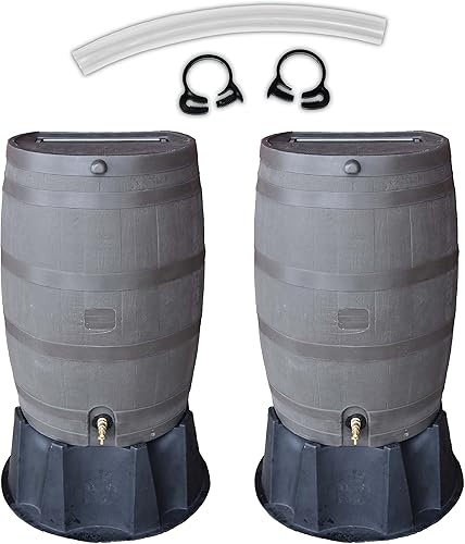 RTS Home Accents 551000801A5681 - Paquete de 2 barriles de lluvia con respaldo plano de 50 galones y soporte con kit de eslabones, nogal
