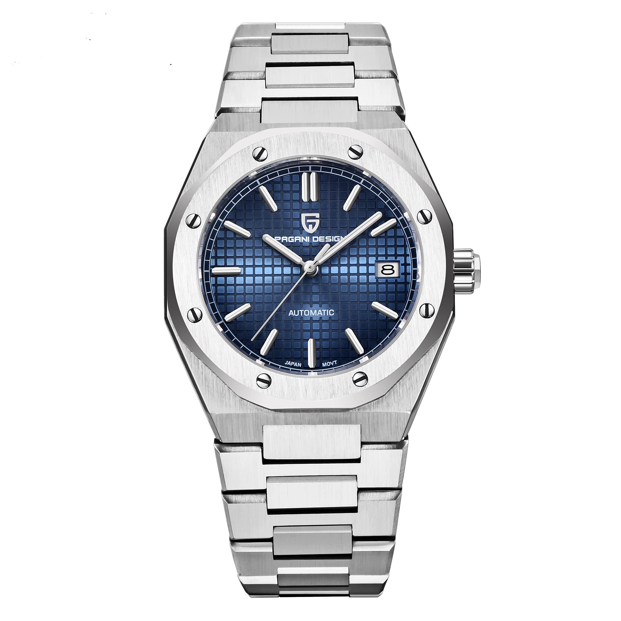 Pagani Men's Diving Watches Automatic Scratch Resistant Synthetic Sapphire Glass Date Display Waterproof Stainless Steel Bracelet, blue, sport