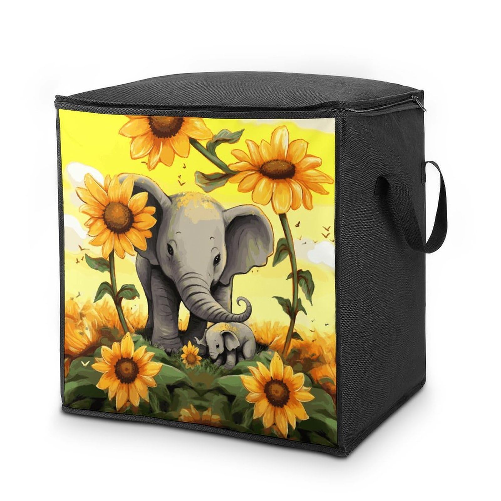 70L Mother And Baby Elephant Sunflowers Storage Bag With Zipper Closet Organizers with Handle for Home Storage Organizer for Blankets Quilts Clothes Comforter Bedding And Pillows