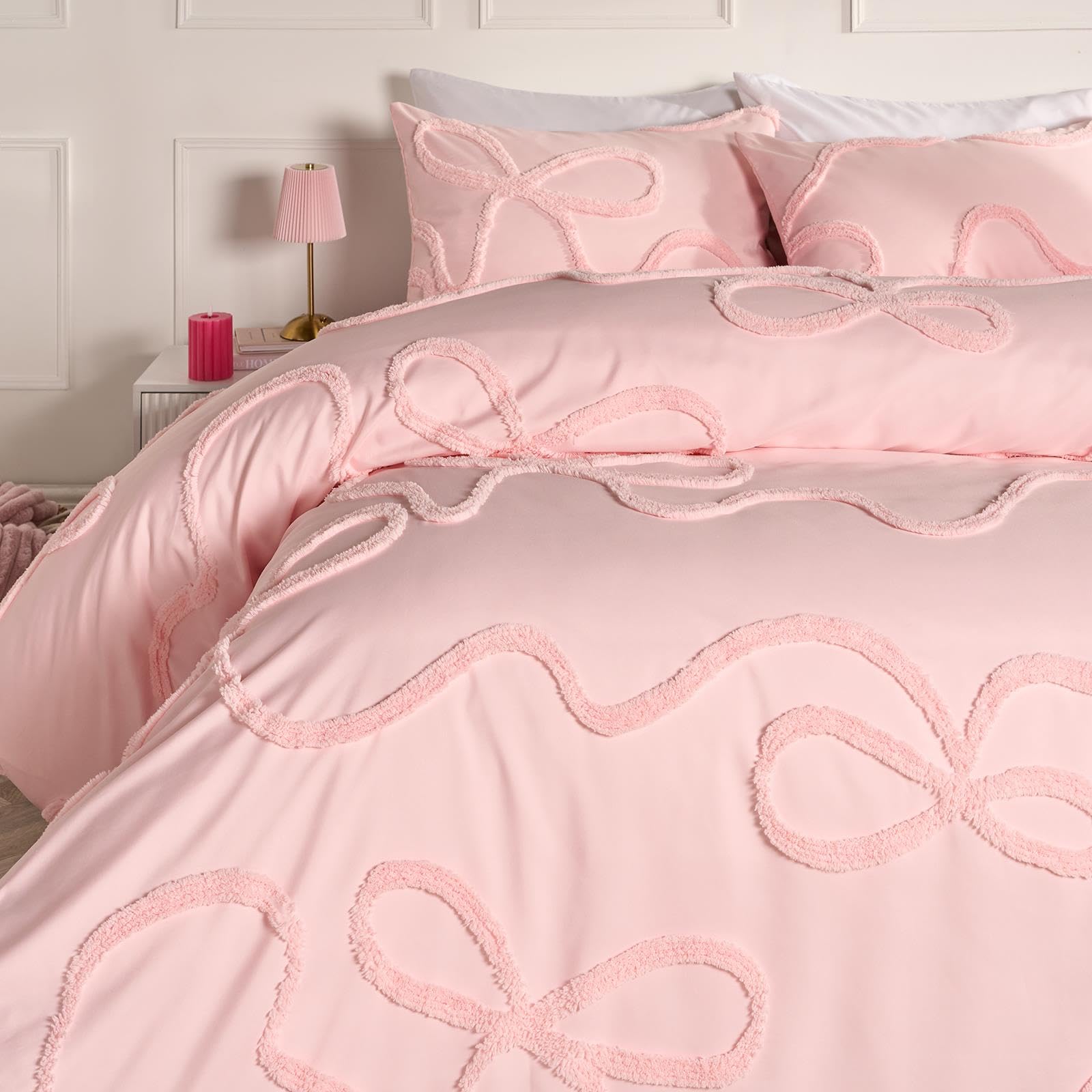 OHS Tufted Bows Pink Bedding Double Quilt Cover, Bow Gifts for Women Super Soft Cosy Warm Double Duvet Set Luxurious Comfy Bow Bedding with Matching Pillowcases
