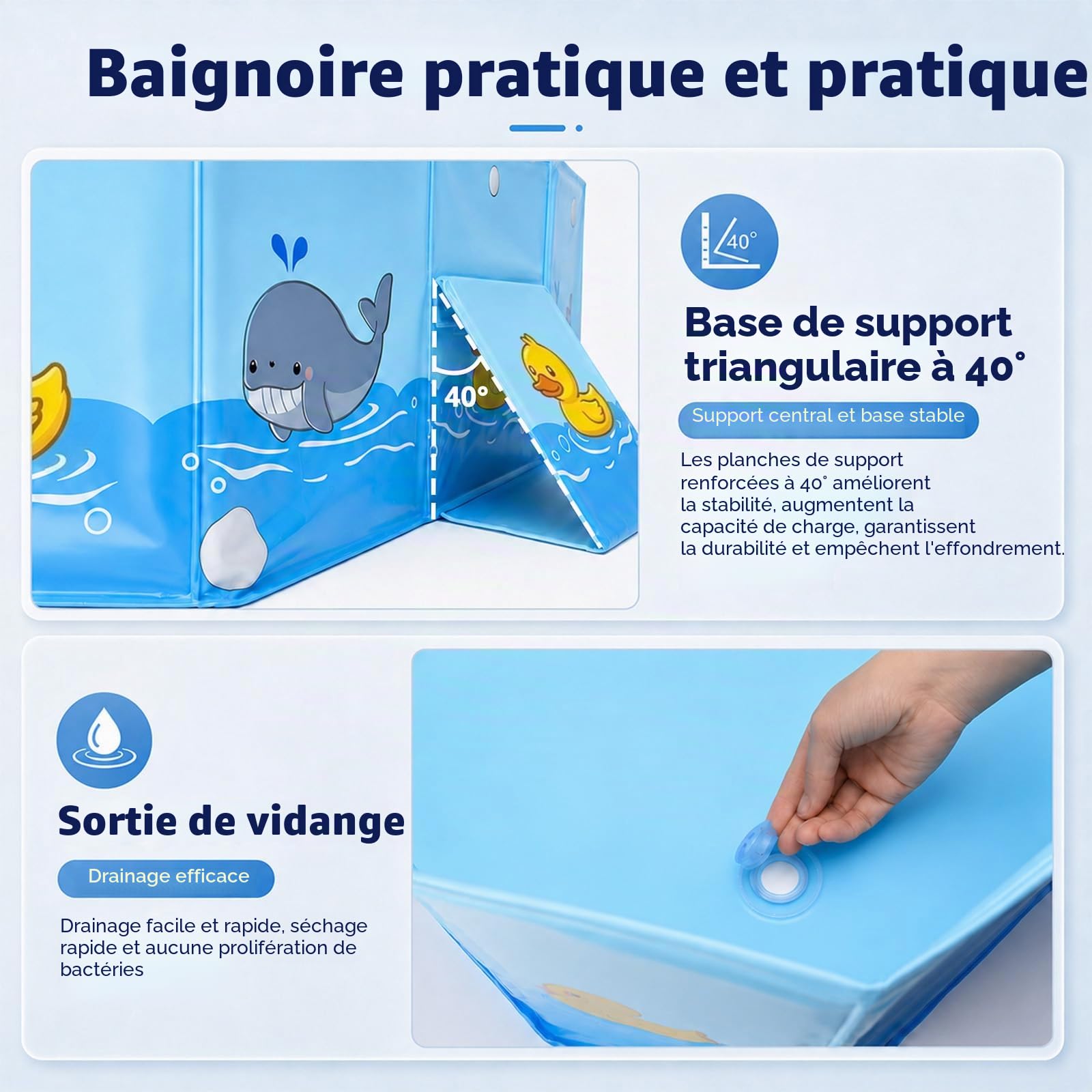Baignoire pliable pour enfants, portable, avec support triangulaire et vis de vidange, mini piscine pour l'extérieur, convient pour les 0 à 8 ans (78 x 41 x 21 cm)