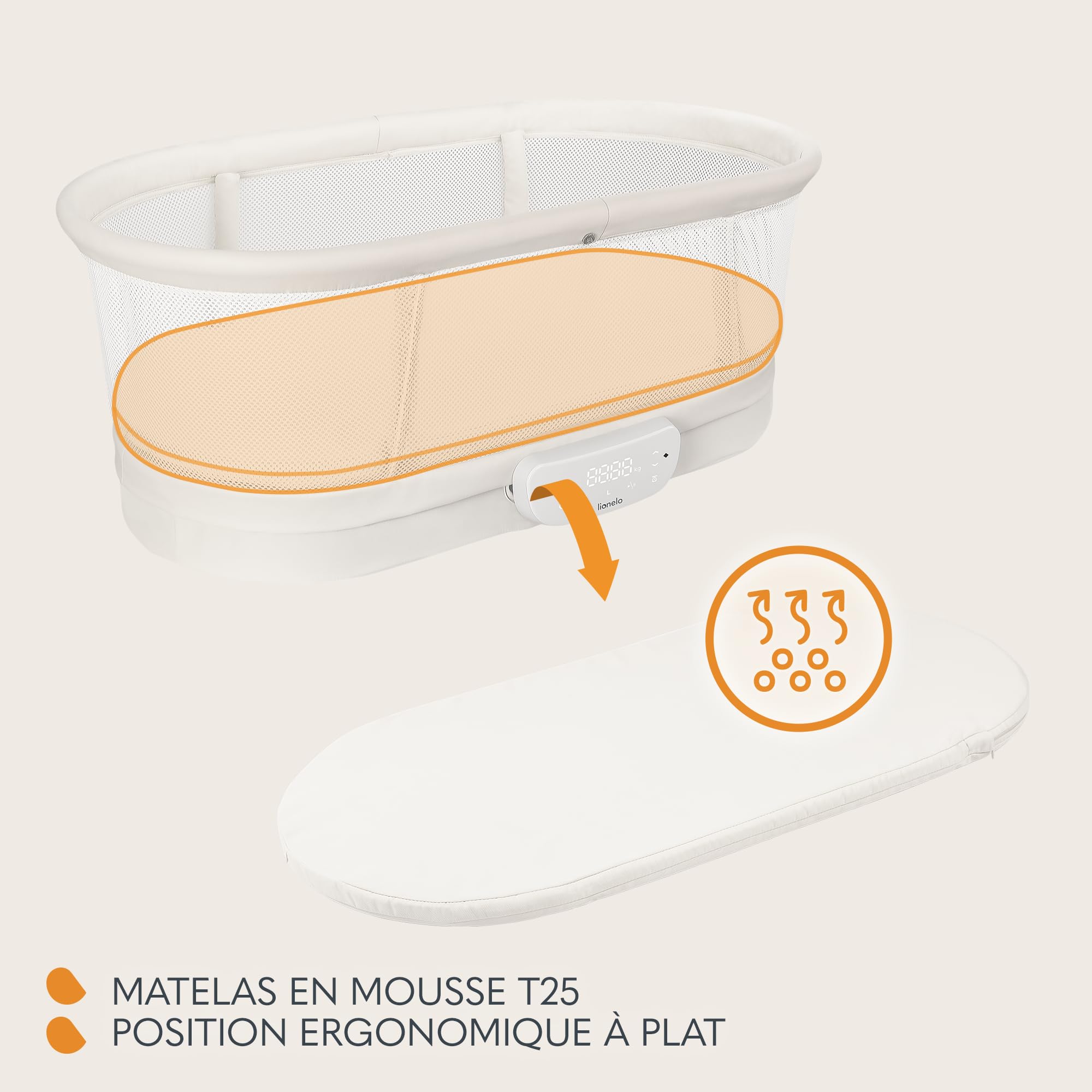 LIONELO Coral 3 en 1 Lit Bébé jusqu'à 9 kg, Berceau, Pèse-bébé, 5 Vitesses de Balancement, 12 Mélodies 4 roulettes Matelas Ergonomique Minuterie Télécommande Moustiquaire