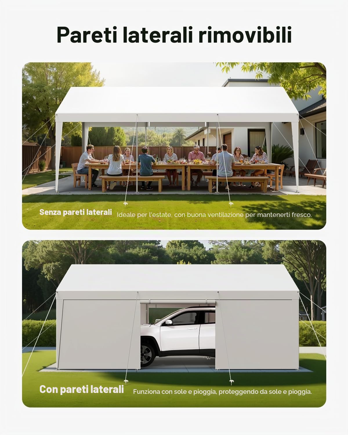 VEVOR Posto Auto Coperto Esterno, Riparo per Auto 3,05 x 6,09 x 2,87 m, Tettoia Potabile con Pareti Laterali e Porta Rimovibili, Resistente ai Raggi UV e all'Acqua, per Auto e Barca, Bianco