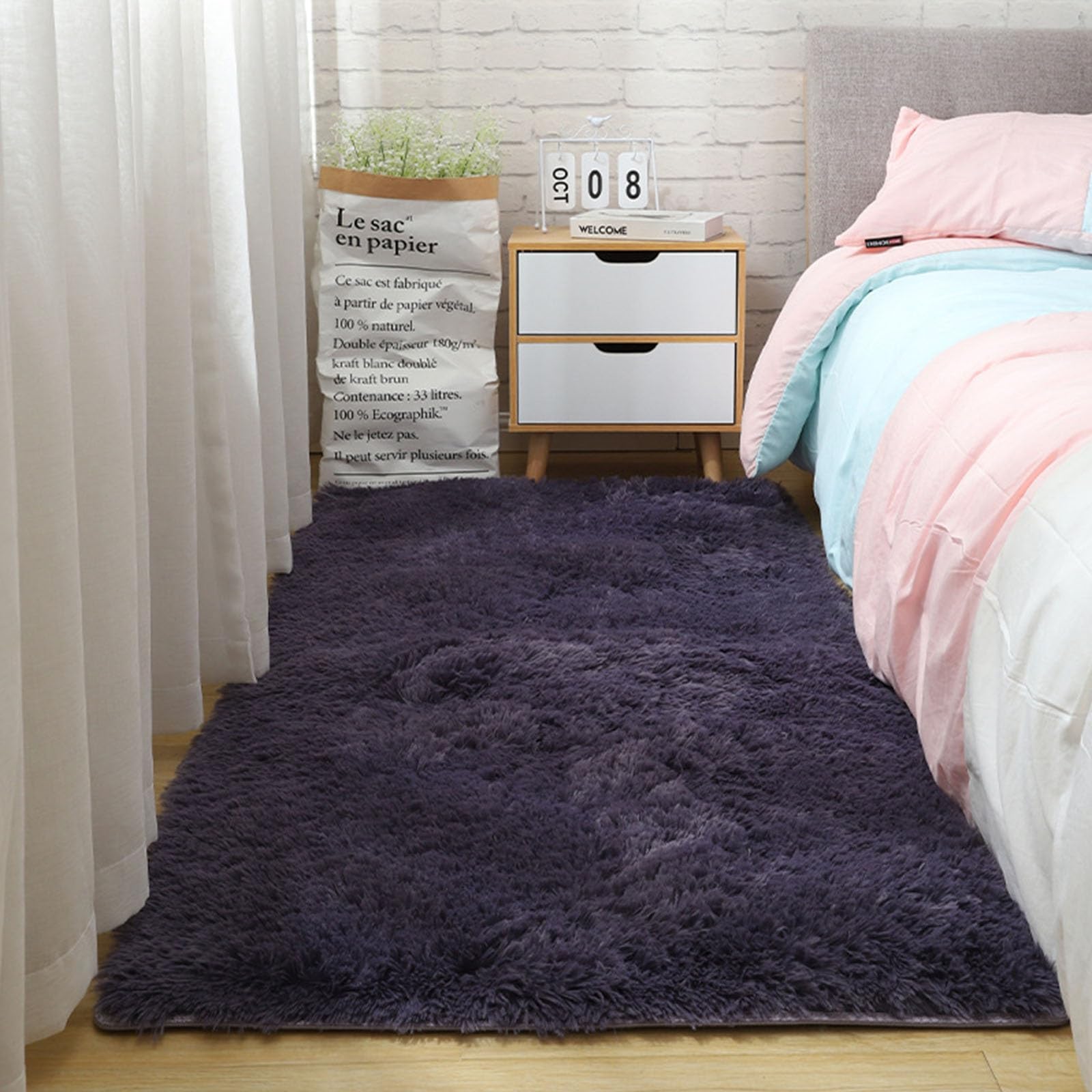 Tapis de salon à poils longs 200x330 cm moelleux et moderne au design violet raffiné