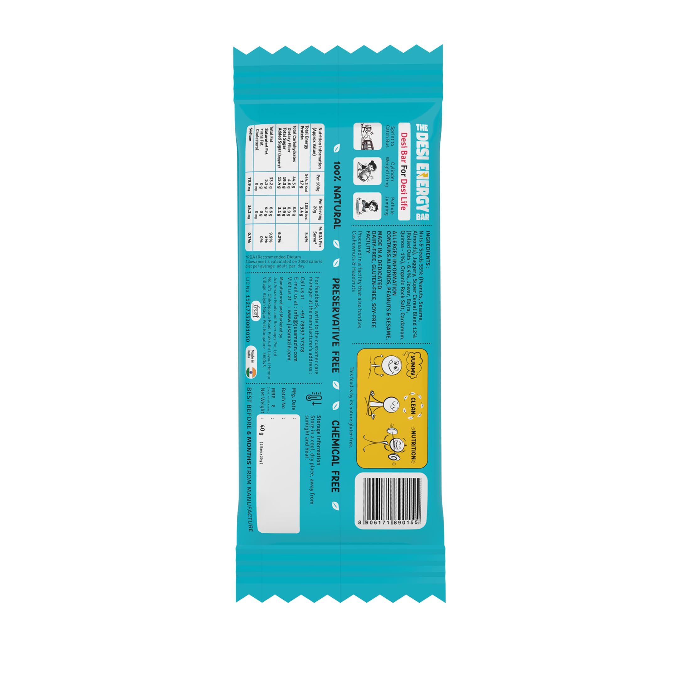 Jus' Amazin Desi Energy Bar - For Desi Life 40g | (Pack of 10) | 7g Protein | Goodness of Nuts, Millets, Seeds, Oats & Quinoa | 50% Less Sugar | No Refined Sugar | Natural Jaggery Sweetened | Natural - Image 6 thumbnail
