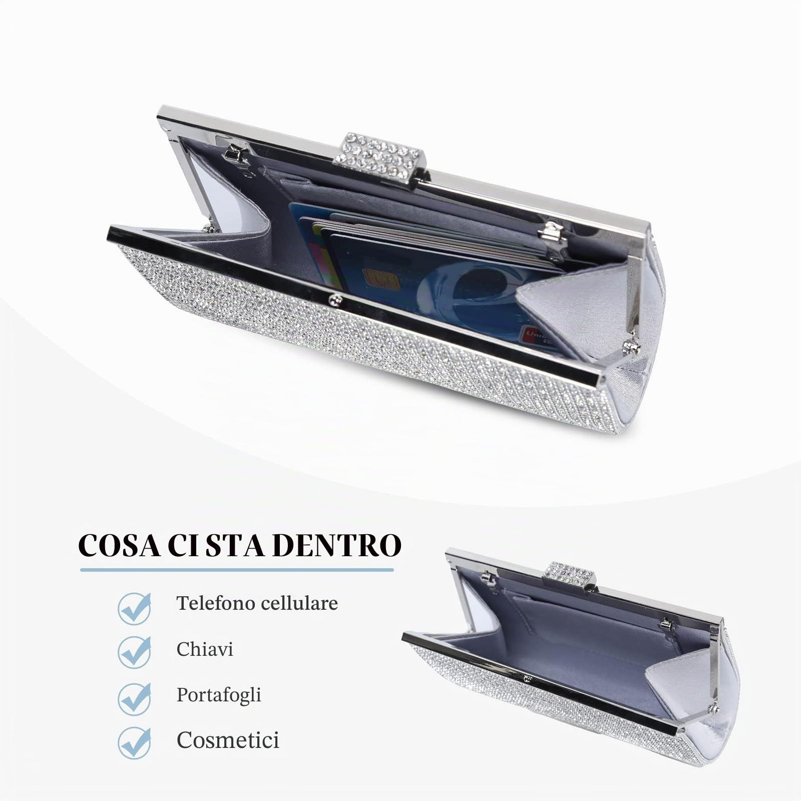 BAIGIO Pochette Donna Elegante Argento Strass Clutch Cerimonia Borsetta da Sera per Matrimonio Party Cocktail
