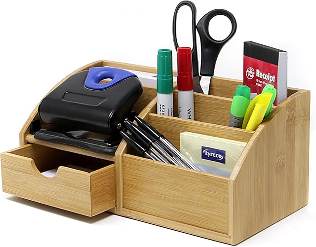 Bamboo Desk Organiser | Multi Function 6 Compartment Stationery Organiser | Home & Office Wooden Desk Tidy | Storage Compartments | M&W