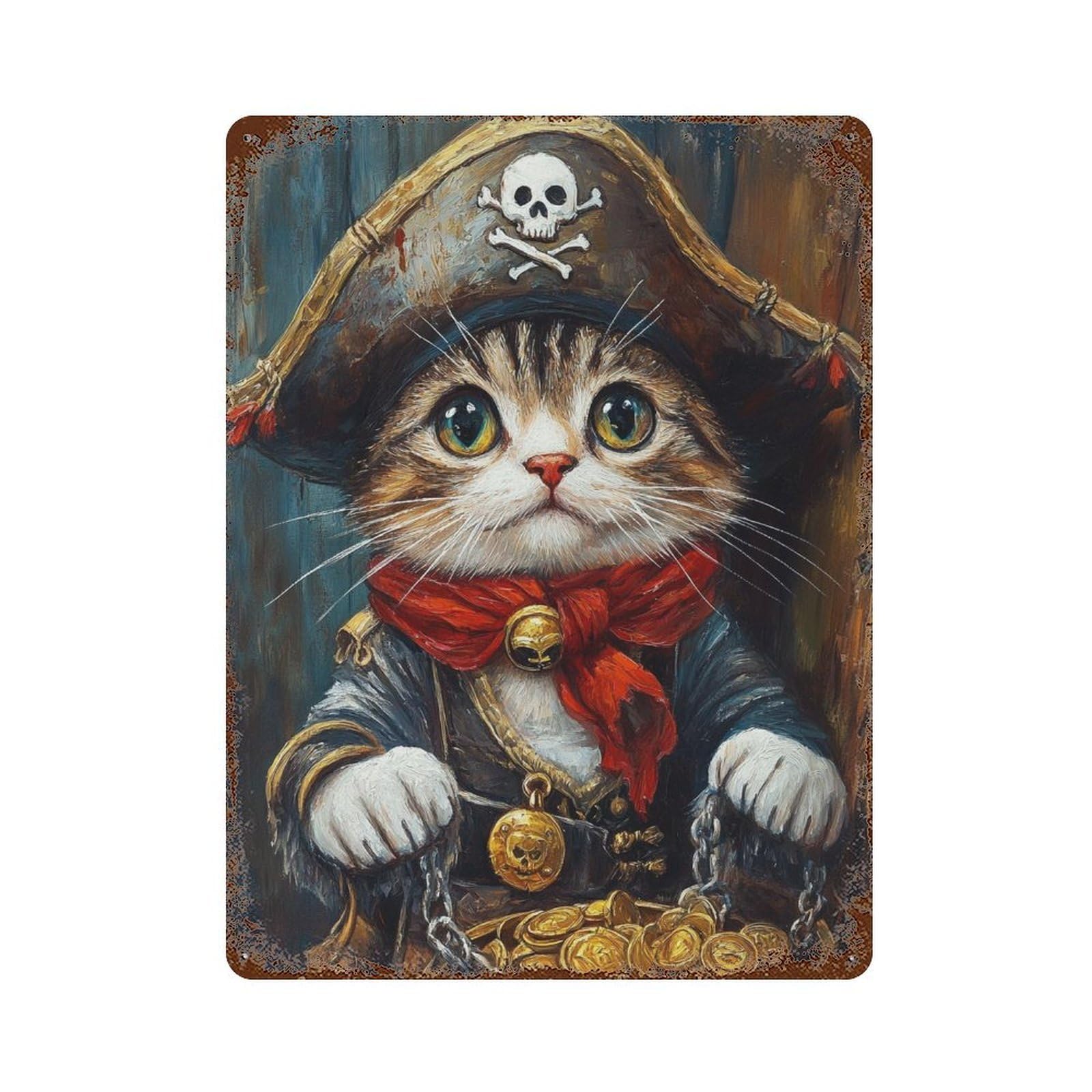 Decorative Tin Sign with Pirate Cat Treasure Chest-26 Design 15.7"x11.8", for Farmhouse, Kitchen And Entryway Decor, Old School Wall Decor