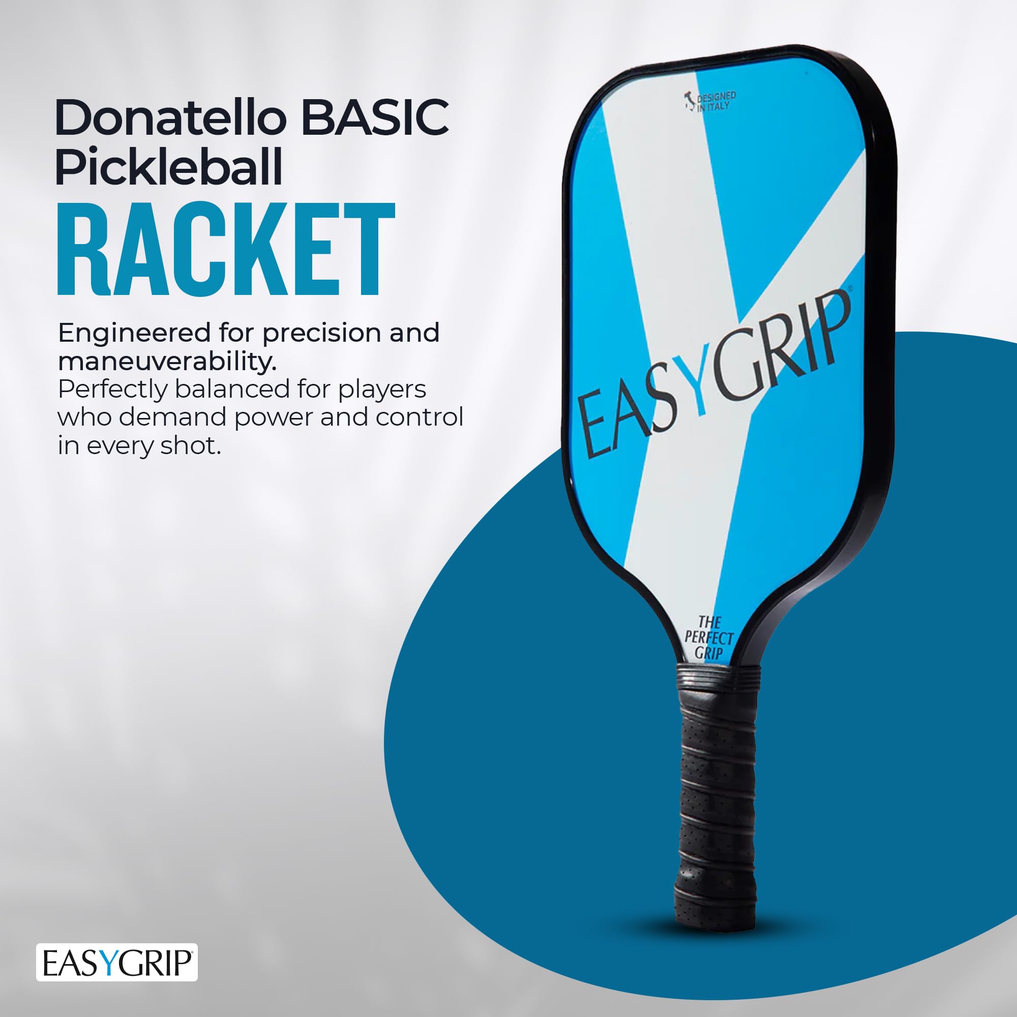 EasyGrip Rakieta Pickleball Donatello BASIC - włókno węglowe i włókno szklane, kontrola i komfort dla początkujących - Sweet Spot szeroki, lekki i poręczny, jasnoniebieski/biały