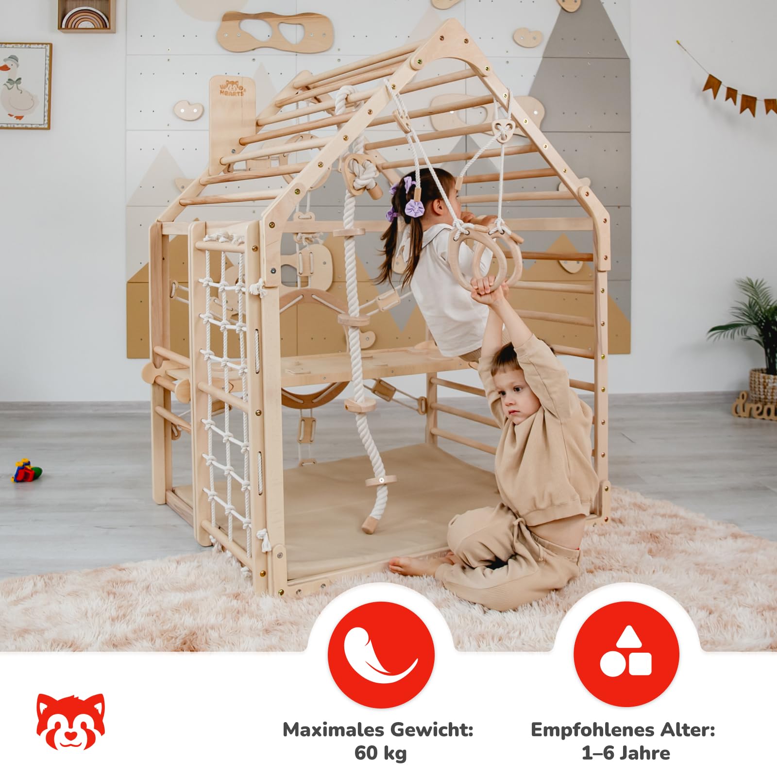 WoodandHearts Indoor Spielturm mit Rutsche & Schaukel – Kinderrutsche, Turnringe & Kletterseil – Baby Schaukel Indoor – Kletterwand Kinderzimmer & Spielhaus für Zuhause